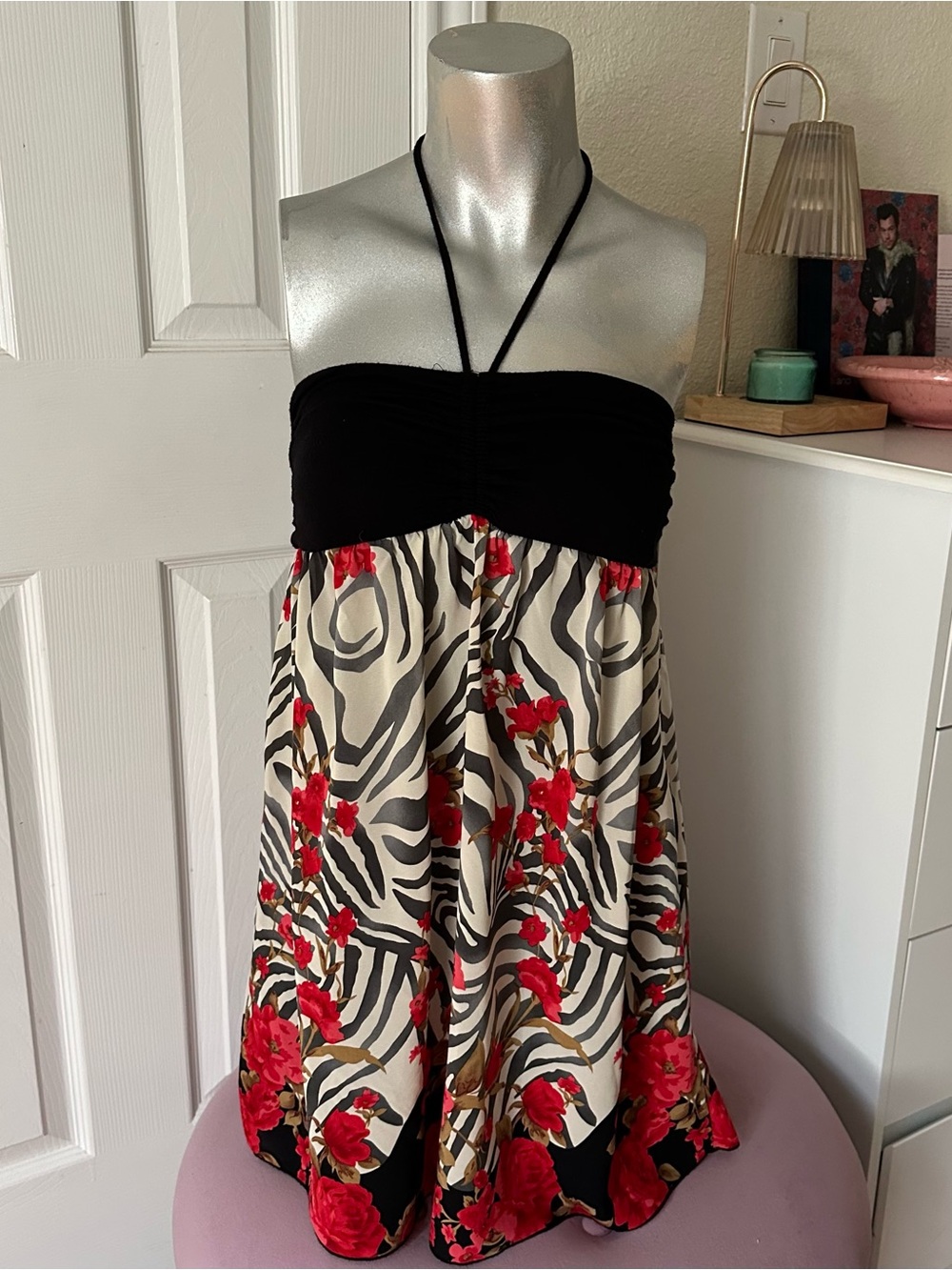 Y2K Moa Moa Zebra Print & Red Floral Pattern Halter Dress
